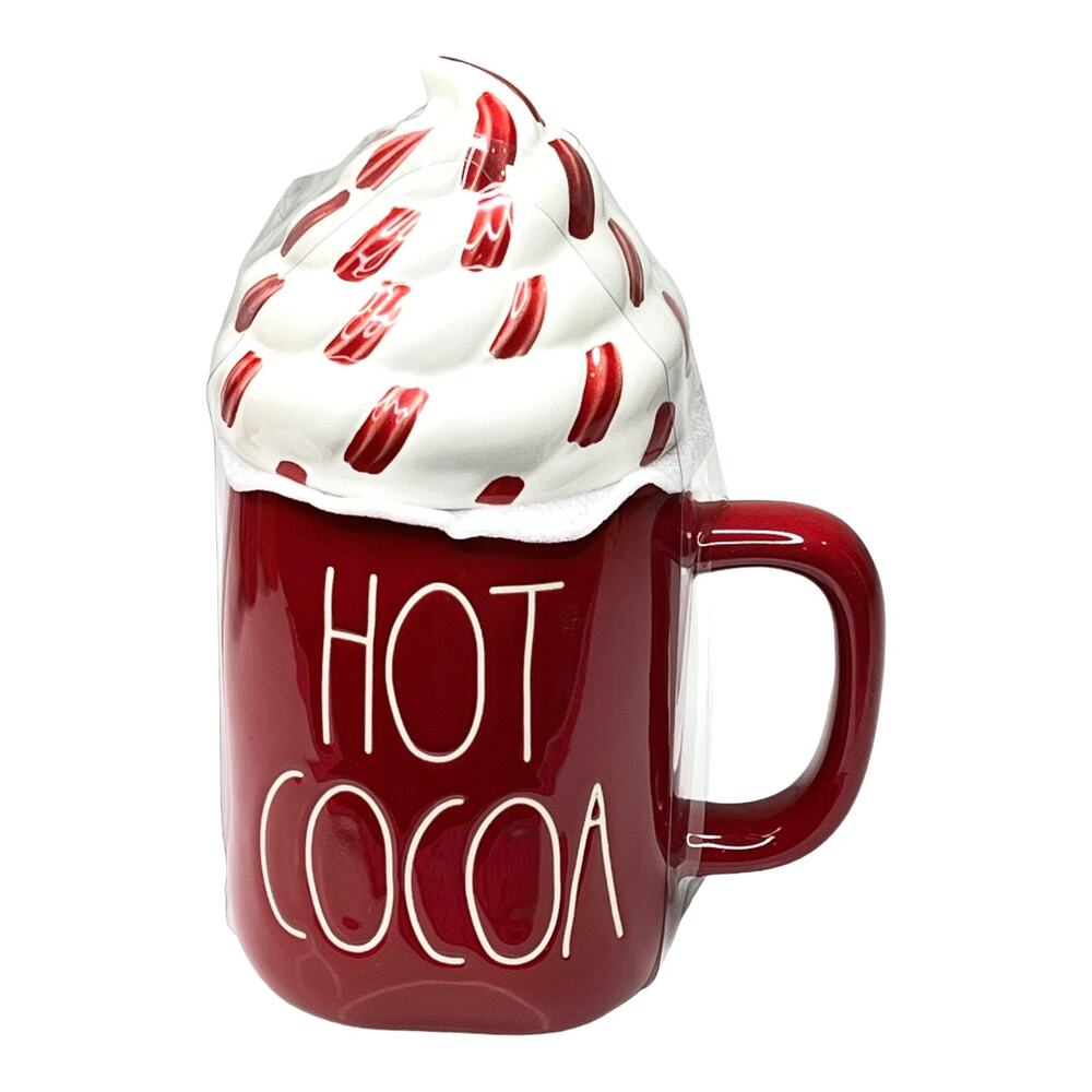 NEW Rae Dunn Ceramic Hot Cocoa COFFEE MUG + TOPPER Cover Lid Red White
